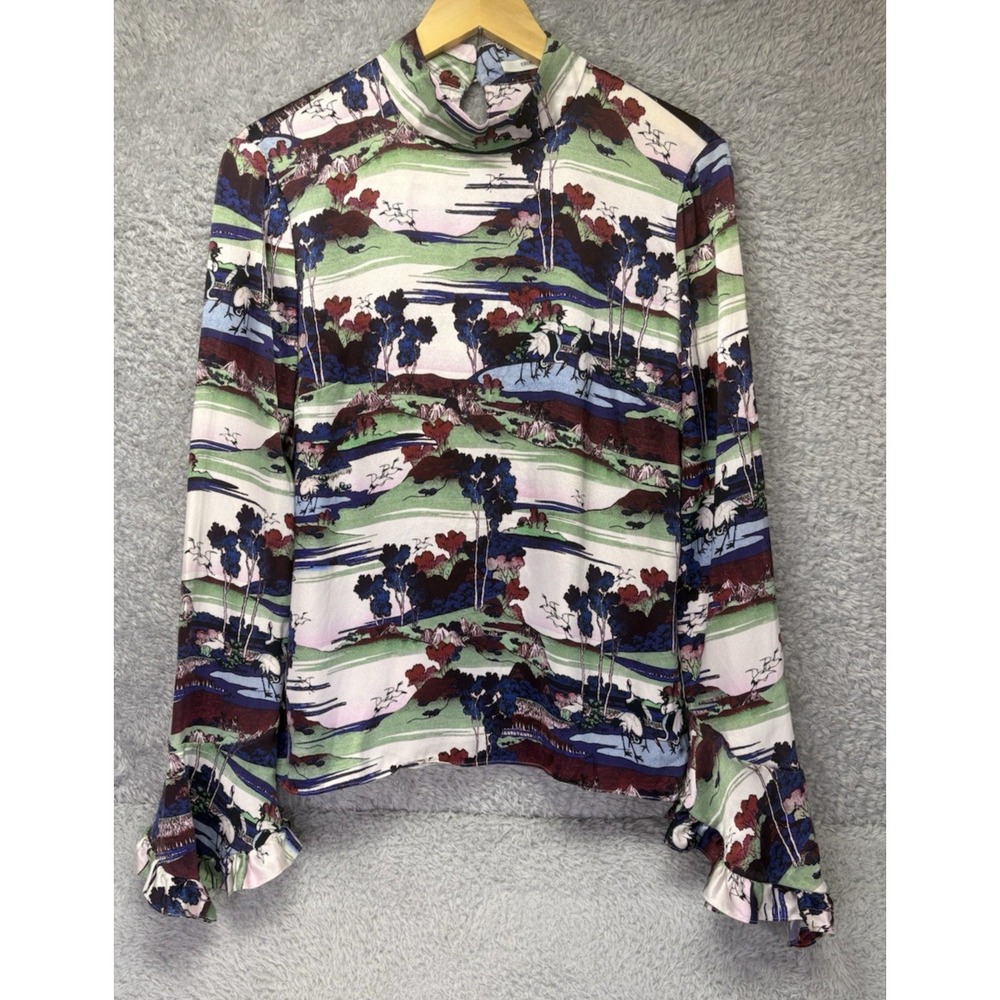 Erdem Womens Silk Blouse Lindsey Top Long Sleeve Mock Neck Birds Sz UK 14 US 10